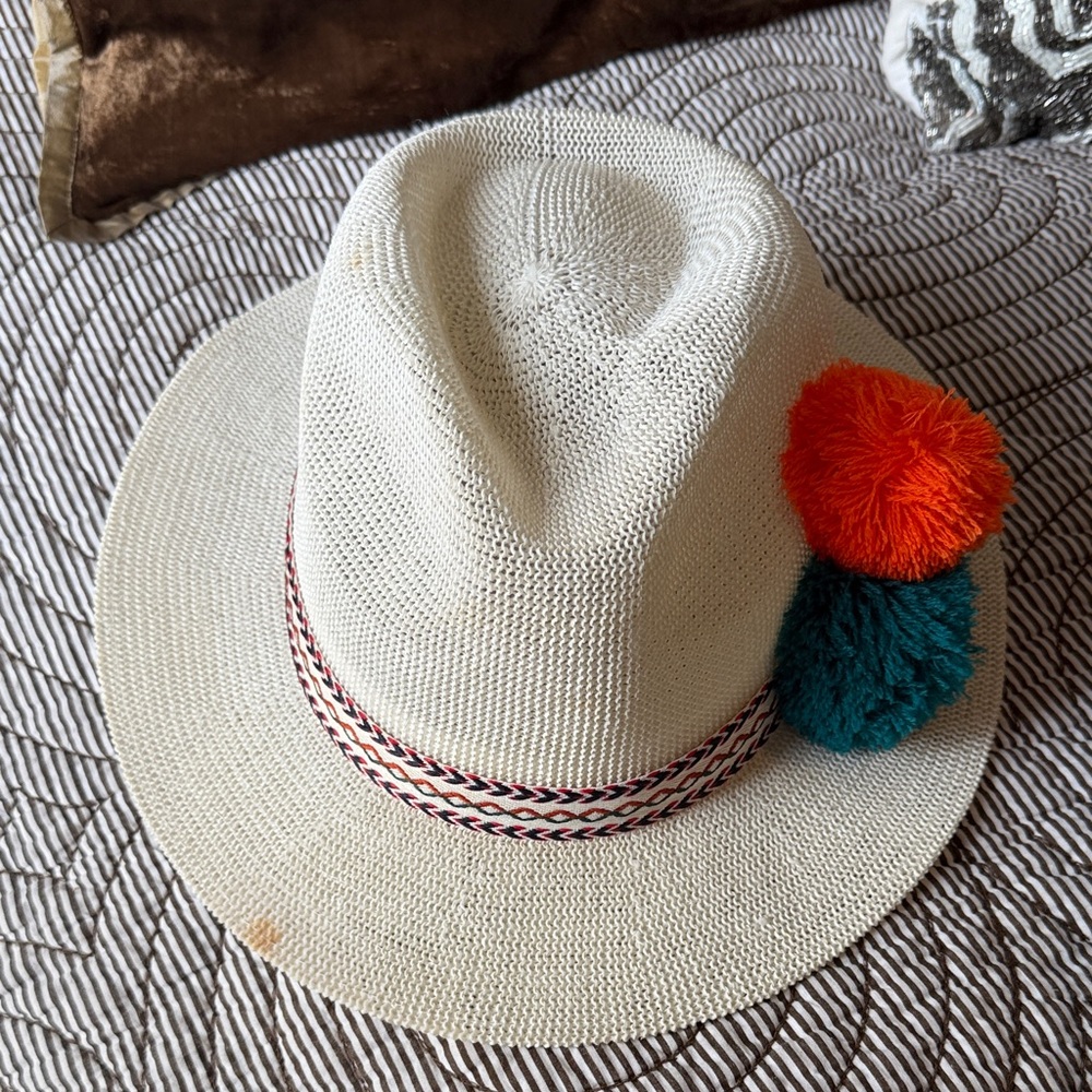 ASOS Cream Straw Fedora with Orange and Teal Blue Pom-Poms